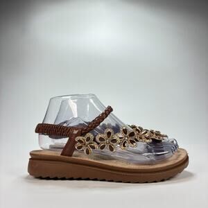 Andiamo Brown Braided Strap Sandals Floral Gemstone Embellishments Womens Size 6